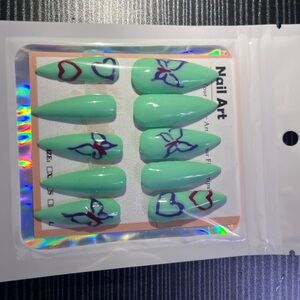 Mint Green Press-On Nails with Heart and Butterfly Design
